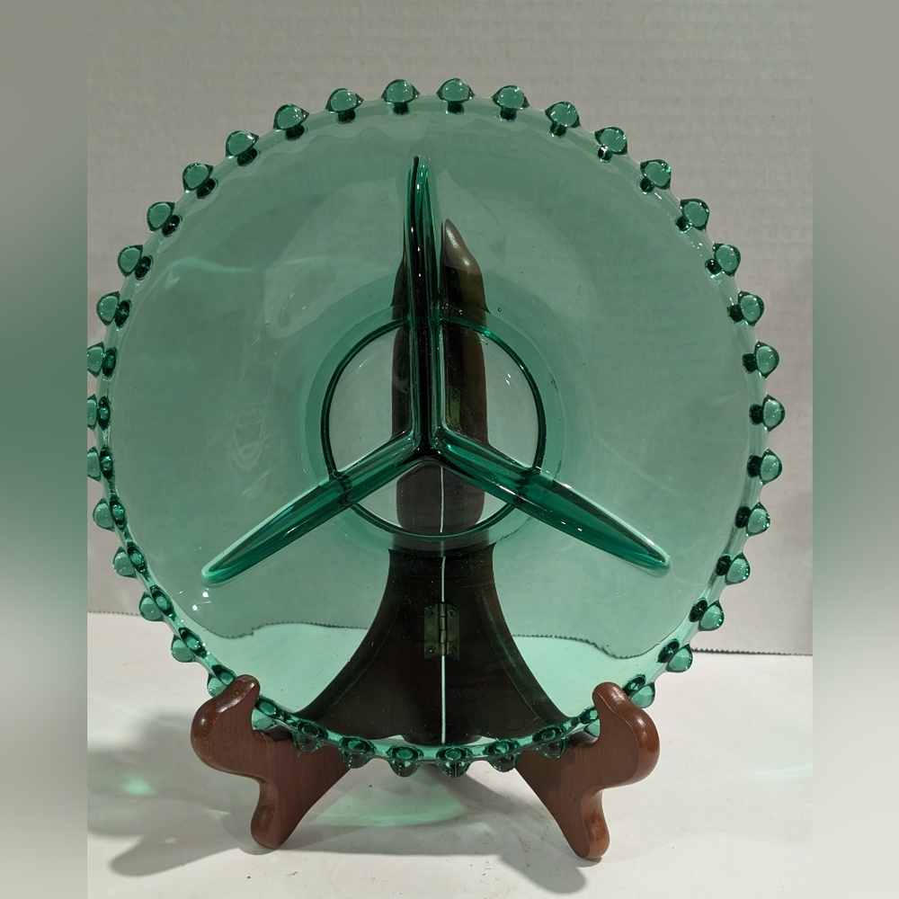 Emerald Green Glass Divided Dish Plate with Candlewick Beaded Glass Edge.